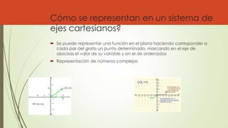 Cómo se representan en un sistema de
ejes cartesianos?
 Se puede representar una función en el plano haciendo corresponder a
cada par del grafo un punto determinado, marcando en el eje de
abscisas el valor de su variable y en el de ordenadas
 Representación de números complejos
 