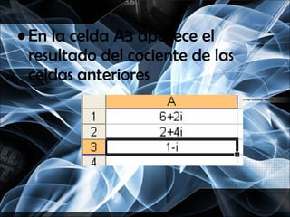 En la celda A3 aparece el resultado del cociente de las celdas anteriores 