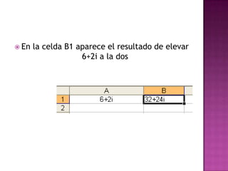 En la celda B1 aparece el resultado de elevar 6+2i a la dos 