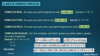 CLASES DE NÚMEROS COMPLEJOS
COMPLEJO REAL.- Es aquel cuya parte imaginaria es nula: 0 .a i a  Ejemplo: 3 + 0i = 3.
COMPLEJO PURO.- Es aquel cuya parte real es nula: 0 .bi bi  Ejemplo: 0 – 7i = -7i.
COMPLEJO NULO.- Es aquel cuya parte real y cuya parte imaginaria son nulas: 0 0 0.i 
COMPLEJOS IGUALES.- Son dos complejos, que tienen iguales sus partes reales e iguales
sus partes imaginarias.
Ejemplo: Si: a + bi = c + di
∴ a = c
b = d
Ejemplos:
3
(3 4 ) (27 2 ).i i   4
( 25,2 ) (5,16 ).i i
( ,(5 ) ) (2,8 ),si y solo sí : 2 3.x t i i x y t   
(( 2),( 3) ) (6, 6 ),si y solo sí : 8 9.v s i i v y s      
Gustavo Salinas E.
 