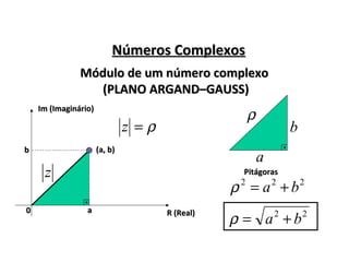 Números ComplexosNúmeros Complexos
Módulo de um número complexoMódulo de um número complexo
(PLANO ARGAND–GAUSS)(PLANO ARGAND–GAUSS)
R (Real)R (Real)
Im (Imaginário)Im (Imaginário)
(a, b)(a, b)
aa
bb
00
ρ=z
z
ρ
a
b
PitágorasPitágoras
222
ba +=ρ
22
ba +=ρ
 