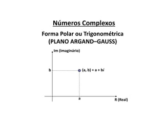 Números Complexos
Forma Polar ou Trigonométrica
(PLANO ARGAND–GAUSS)
R (Real)
Im (Imaginário)
(a, b) = a + bi
a
b
 