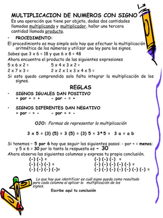 MULTIPLICACION DE NUMEROS CON SIGNO Es una operación que tiene por objeto, dadas dos cantidades llamadas  multiplicando  y   multiplicador , hallar una tercera cantidad llamada  producto . PROCEDIMENTO: El procedimiento es muy simple solo hay que efectuar la multiplicación aritmética de los números y utilizar una ley para los signos. Sabes que 3 x 6 = 18 y que 6 x 8 = 48  Ahora encuentra el producto de las siguientes expresiones 5 x 6 x 2 = 5 x 4 x 3 x 2 = 2 x 7 x 3 = 2 x 2 x 1 x 3 x 4 x 5 =  Si esto quedo comprendido solo falta integrar la multiplicación de los signos. REGLAS SIGNOS IGUALES DAN POSITIVO + por + = + - por - = + SIGNOS DIFERENTES DAN NEGATIVO + por – = - - por + = - OJO:  Formas de representar la multiplicación 3 x 5 = (3) (5) = 3 (5) = (3) 5 = 3  5 = 3 a = a b Si tenemos  – 5 por 6  hay que seguir los siguientes pasos: - por + =  menos ; y 5 x 6 =  30  por lo tanto la respuesta es  - 30   Ahora observa las siguientes columnas y expresa tu propia conclusión. (-) (-) = (-) (-) (-)  = (-) (-) (-) = (-) (-) (-) (-) (-) = (-) (-) (-) (-)= (-) (-) (-) (-) (-) (-) (-) =     Lo que hay que identificar es cuál signo queda como resultado    para cada columna al aplicar la  multiplicación de los    signos. Escribe aquí tu conclusión  