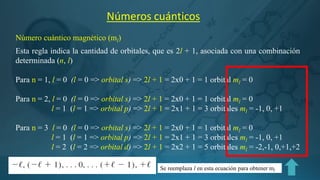 Números cuánticos
Número cuántico magnético (ml)
Esta regla indica la cantidad de orbitales, que es 2l + 1, asociada con una combinación
determinada (n, l)
Para n = 1, l = 0 (l = 0 => orbital s) => 2l + 1 = 2x0 + 1 = 1 orbital ml = 0
Para n = 2, l = 0 (l = 0 => orbital s) => 2l + 1 = 2x0 + 1 = 1 orbital ml = 0
l = 1 (l = 1 => orbital p) => 2l + 1 = 2x1 + 1 = 3 orbitales ml = -1, 0, +1
Para n = 3 l = 0 (l = 0 => orbital s) => 2l + 1 = 2x0 + 1 = 1 orbital ml = 0
l = 1 (l = 1 => orbital p) => 2l + 1 = 2x1 + 1 = 3 orbitales ml = -1, 0, +1
l = 2 (l = 2 => orbital d) => 2l + 1 = 2x2 + 1 = 5 orbitales ml = -2,-1, 0,+1,+2
Se reemplaza l en esta ecuación para obtener ml
 