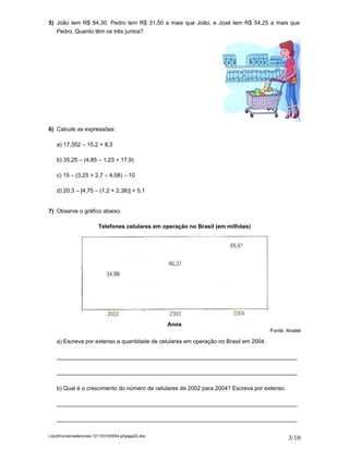 5) João tem R$ 84,30. Pedro tem R$ 31,50 a mais que João, e José tem R$ 54,25 a mais que
   Pedro. Quanto têm os três juntos?




6) Calcule as expressões:

    a) 17,352 – 15,2 + 8,3

    b) 35,25 – (4,85 – 1,23 + 17,9)

    c) 15 – (3,25 + 2,7 – 4,08) – 10

    d) 20,3 – [4,75 – (1,2 + 2,38)] + 5,1


7) Observe o gráfico abaixo.

                        Telefones celulares em operação no Brasil (em milhões)




                                                   Anos
                                                                                      Fonte: Anatel

    a) Escreva por extenso a quantidade de celulares em operação no Brasil em 2004.

    ____________________________________________________________________________

    ____________________________________________________________________________

    b) Qual é o crescimento do número de celulares de 2002 para 2004? Escreva por extenso.

    ____________________________________________________________________________

    ____________________________________________________________________________

L/prof/numerosdecimais-121103163054-phpapp02.doc
                                                                                             3/10
 