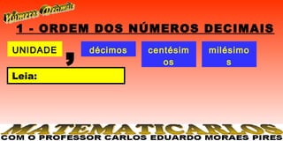 1 - ORDEM DOS NÚMEROS DECIMAIS
UNIDADE
          ,   décimos   centésim
                           os
                                   milésimo
                                       s
Leia:
 