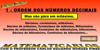 1 - ORDEM DOS NÚMEROS DECIMAIS
             Mas não pára em milésimo.
              Décimos, centésimos, milésimos,
  Décimo de milésimo, Centésimos de milésimo, Milionésimo
Décimo de milionésimo, Centésimo de milionésimo, bilionésimo,
     Décimo de bilionésimo, Centésimo de bilionésimo...

                                                   AVANÇAR
 