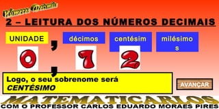 2 – LEITURA DOS NÚMEROS DECIMAIS
UNIDADE
          ,   décimos    centésim
                            os
                                    milésimo
                                        s


          ,
Logo, o seu sobrenome será
                                        AVANÇAR
CENTÉSIMO
 
