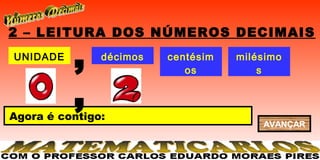 2 – LEITURA DOS NÚMEROS DECIMAIS
UNIDADE
          ,    décimos   centésim
                            os
                                    milésimo
                                        s


          ,
Agora é contigo:
                                        AVANÇAR
 