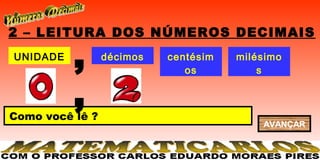 2 – LEITURA DOS NÚMEROS DECIMAIS
UNIDADE
          ,      décimos   centésim
                              os
                                      milésimo
                                          s


          ,
Como você lê ?
                                          AVANÇAR
 