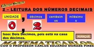 2 – LEITURA DOS NÚMEROS DECIMAIS
UNIDADE
          ,    décimos    centésim
                             os
                                        milésimo
                                            s


          ,
Isso: Dois Décimos, pois está na casa
                                            AVANÇAR
dos décimos.
 