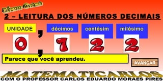 2 – LEITURA DOS NÚMEROS DECIMAIS
UNIDADE
          ,   décimos       centésim
                               os
                                       milésimo
                                           s


          ,
Parece que você aprendeu.
                                           AVANÇAR
 