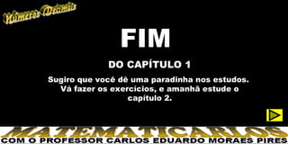FIM
             DO CAPÍTULO 1
Sugiro que você dê uma paradinha nos estudos.
  Vá fazer os exercícios, e amanhã estude o
                  capítulo 2.
 