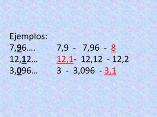 Ejemplos:7,96….  		7,9  -   7,96  -  8 12,12…  	12,1-  12,12  - 12,23,096…		3  -  3,096  - 3,1