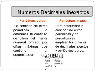 Números Decimales Inexactos
   Periódicos puros             Periódicos mixtos
 La cantidad de cifras    Para determinar la...