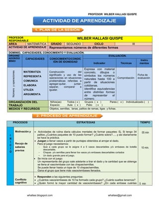 PROFESOR WILBER HALLASI QUISPE
whallasi.blogspot.com whallasi@gmail.com
PROFESOR
RESPONSABLE
WILBER HALLASI QUISPE
AREA MATEMÁTICA GRADO SEGUNDO CICLO III
ACTIVIDAD DE APRENDIZAJE Representamos números de diferentes formas
DOMINIO, CAPACIDADES, CONOCIMIENTO Y EVALUACIÓN.
ORGANIZ
ADOR/DO
MINIO
CAPACIDADES CONOCIMIENTO/CONDIC
IÒN DE IDONEIDAD
EVALUACIÓN.
Indicador Técnicas
Instru
mentos
Númeroyoperaciones
MATEMATIZA
REPRESENTA
COMUNICA
ELABORA
UTILIZA
ARGUMENTA
Construcción del
significado y uso de las
operaciones en situaciones
problemáticas referidas a
agregar-quitar, juntar-
separar, comparar e
igualar.
Expresa con material
concreto, dibujos o
símbolos los números
naturales hasta 100 a
partir de situaciones
cotidianas.
Identifica equivalencias
entre distintas formas
de representar el
número.
Comprobación
Ficha de
evaluación
ORGANIZACIÓN DEL
TRABAJO
Niños(as) Todos ( x ) Grupos ( x ) Pares ( x ) Individualizado ( )
Espacio: Aula ( x ) Patio ( x )
MEDIOS Y RECURSOS Objetos, semillas, lanas, palitos de ramas, ligas y fichas.
PROCESOS ESTRATEGIAS TIEMPO
I
N
I
C
I
O
Motivación y
Recojo de
saberes
previos
Actividades de rutina diaria cálculos mentales de formar paquetes: Ej. Si tengo 34
palitos ¿Cuántos paquetes de 10 puedo formar? ¿Cuánto sobra?......y asi diariamente
se hace la práctica.
Juegan a llenar vasos a partir de puntajes obtenidos al arrojar el dado.
Para el juego necesitamos:
Que a cada grupo se le asigne 4 a 5 vasos descartables y/o embases de botella
descartable.
Chapas y/o semillas para llenar los vasos y/o embases descartables cortados
Un dado grande para el juego.
Se inicia con el juego:
Un representante del grupo sale adelante a tirar el dado y la cantidad que se obtenga
se llena al vaso/embase con las chapas/semillas.
Se puede llenar hasta un tope de 10 chapas/semillas.
Gana el grupo que tiene más vasos/embases llenados.
05 min
10 min.
Conflicto
cognitivo
Responden a las siguientes preguntas:
¿Cuántos vasos/embases de 10 ha formado cada grupo? ¿Cuánto sueltos tenemos?
¿Quién formó la mayor cantidad de vasos/embases? ¿En cada embase cuántas 5 min
 