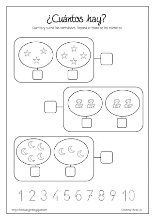 http://fichasalypt.blogspot.com Cristina Miras AL
¿Cuántos hay?
Cuenta y suma las cantidades. Repasa el trazo de los números.
1 2 3 4 5 6 7 8 9 10