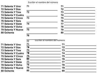 71 Setenta Y Uno
72 Setenta Y Dos
73 Setenta Y Tres
74 Setenta Y Cuatro
75 Setenta Y Cinco
76 Setenta Y Seis
77 Setenta Y Siete
78 Setenta Y Ocho
79 Setenta Y Nueve
80 Ochenta
Escribir el nombre del número
71
_______________________
72
_______________________
73
_______________________
74
_______________________
75
_______________________
76
_______________________
77
_______________________
78
_______________________
79
_______________________
80
_______________________
71 _______________________
72 _______________________
73 _______________________
74 _______________________
75 _______________________
76 _______________________
77 _______________________
78 _______________________
79 _______________________
80 _______________________
71 Setenta Y Uno
72 Setenta Y Dos
73 Setenta Y Tres
74 Setenta Y Cuatro
75 Setenta Y Cinco
76 Setenta Y Seis
77 Setenta Y Siete
78 Setenta Y Ocho
79 Setenta Y Nueve
80 Ochenta
Escribir el nombre del número
71 _______________________
72 _______________________
73 _______________________
74 _______________________
75 _______________________
76 _______________________
77 _______________________
78 _______________________
79 _______________________
80 _______________________
71 _______________________
72 _______________________
73 _______________________
74 _______________________
75 _______________________
76 _______________________
77 _______________________
78 _______________________
79 _______________________
80 _______________________
 