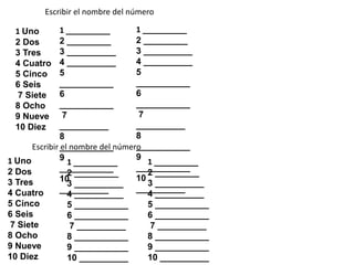 1 Uno
2 Dos
3 Tres
4 Cuatro
5 Cinco
6 Seis
7 Siete
8 Ocho
9 Nueve
10 Diez
Escribir el nombre del número
1 _________
2 _________
3 __________
4 __________
5
___________
6
___________
7
__________
8
___________
9
___________
10
__________
1 _________
2 _________
3 __________
4 __________
5
___________
6
___________
7
__________
8
___________
9
___________
10
__________
Escribir el nombre del número
1 Uno
2 Dos
3 Tres
4 Cuatro
5 Cinco
6 Seis
7 Siete
8 Ocho
9 Nueve
10 Diez
1 _________
2 _________
3 __________
4 __________
5 ___________
6 ___________
7 __________
8 ___________
9 ___________
10 __________
1 _________
2 _________
3 __________
4 __________
5 ___________
6 ___________
7 __________
8 ___________
9 ___________
10 __________
 