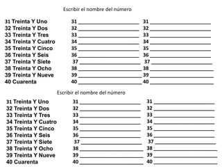 31 ______________________
32 ______________________
33 ______________________
34 ______________________
35 ______________________
36 ______________________
37 ______________________
38 _______________________
39 _______________________
40 _______________________
Escribir el nombre del número
Escribir el nombre del número
31 Treinta Y Uno
32 Treinta Y Dos
33 Treinta Y Tres
34 Treinta Y Cuatro
35 Treinta Y Cinco
36 Treinta Y Seis
37 Treinta Y Siete
38 Treinta Y Ocho
39 Treinta Y Nueve
40 Cuarenta
31 ______________________
32 ______________________
33 ______________________
34 ______________________
35 ______________________
36 ______________________
37 ______________________
38 _______________________
39 _______________________
40 _______________________
31 ______________________
32 ______________________
33 ______________________
34 ______________________
35 ______________________
36 ______________________
37 ______________________
38 _______________________
39 _______________________
40 _______________________
31 Treinta Y Uno
32 Treinta Y Dos
33 Treinta Y Tres
34 Treinta Y Cuatro
35 Treinta Y Cinco
36 Treinta Y Seis
37 Treinta Y Siete
38 Treinta Y Ocho
39 Treinta Y Nueve
40 Cuarenta
31 ______________________
32 ______________________
33 ______________________
34 ______________________
35 ______________________
36 ______________________
37 ______________________
38 _______________________
39 _______________________
40 _______________________
 