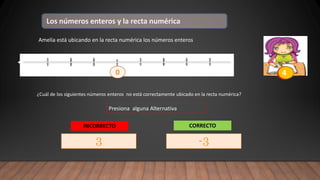Los números enteros y la recta numérica
Amelia está ubicando en la recta numérica los números enteros
0 1
2
3
-1
¿Cuál de los siguientes números enteros no está correctamente ubicado en la recta numérica?
-3
4
3 -3
Presiona alguna Alternativa
INCORRECTO CORRECTO
 