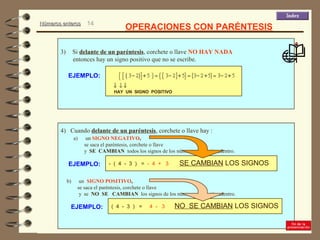 Números enterosNúmeros enteros 14
OPERACIONES CON PARÉNTESIS
3) Si delante de un paréntesis, corchete o llave NO HAY NADA
entonces hay un signo positivo que no se escribe.
EJEMPLO:
HAY UN SIGNO POSITIVO
4) Cuando delante de un paréntesis, corchete o llave hay :
a) un SIGNO NEGATIVO,
se saca el paréntesis, corchete o llave
y SE CAMBIAN todos los signos de los números que están adentro.
EJEMPLO: - ( 4 - 3 ) = - 4 + 3 SE CAMBIAN LOS SIGNOS
b) un SIGNO POSITIVO,
se saca el paréntesis, corchete o llave
y se NO SE CAMBIAN los signos de los números que están adentro.
EJEMPLO: ( 4 - 3 ) = 4 - 3 NO SE CAMBIAN LOS SIGNOS
 