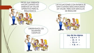 PROFE QUE DEBEMOS
HACER CUANDO NO
SABEMOS UN VALOR
OPERATIVO PERO EL
RESULTADO SI
LAS ECUACIONES CON ENTEROS SE
DAN CUANDO DESCONOCEMOS
UN VALOR, PERO SON SENCILLAS
DE RESOLVER
OBSERVEMOS LOS
SIGUIENTES
EJEMPLOS
Ley de los signos
+ X + = +
- X - = +
- X + = -
- + X - = -
 