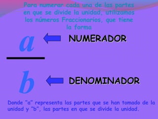 Para numerar cada una de las partes
en que se divide la unidad, utilizamos
los números Fraccionarios, que tiene
la forma

a
b

NUMERADOR

DENOMINADOR

Donde “a” representa las partes que se han tomado de la
unidad y “b”, las partes en que se divide la unidad.

 