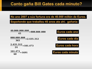 Canto gaña Bill Gates cada minuto?

No ano 2007 a súa fortuna era de 40.000 millón de Euros.
Sopoñendo que traballou 45 anos ata ahí. gañaría:


40.000.000.000
                                   Euros cada ano
               =888.888.888
      45

888.888.888
                                    Euros cada día
            =2.435.312
    365
2.435.312
                                  Euros cada hora
          =101.473
    24
101.473
                                Euros cada minuto
        =1691
  60
 