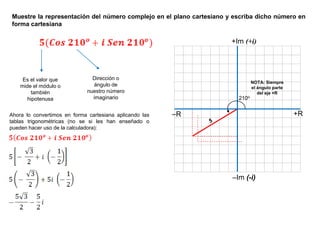 Muestre la representación del número complejo en el plano cartesiano y escriba dicho número en
forma cartesiana
Es el valor que
mide el módulo o
también
hipotenusa
Dirección o
ángulo de
nuestro número
imaginario
+R–R
–Im (-i)
+Im (+i)
210o
NOTA: Siempre
el ángulo parte
del eje +R
Ahora lo convertimos en forma cartesiana aplicando las
tablas trigonométricas (no se si les han enseñado o
pueden hacer uso de la calculadora):
 
