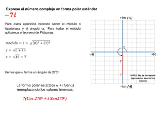 Exprese el número complejo en forma polar estándar
+R–R
–Im (-i)
+Im (+i)
7

NOTA: No es necesario
representar exacto los
valores
Para estos ejercicios necesito saber el módulo o
hipotenusa y el ángulo . Para hallar el módulo
aplicamos el teorema de Pitágoras.
Vemos que  forma un ángulo de 270o
La forma polar es z(Cos  + i Sen)
reemplazando los valores tenemos:
7(Cos 270o + i Sen270o)
 