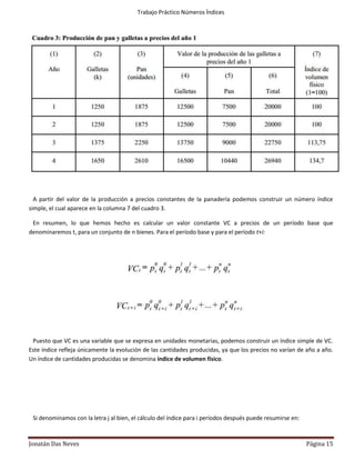 Trabajo Práctico Números Índices




  A partir del valor de la producción a precios constantes de la panadería podemos construir un número índice
simple, el cual aparece en la columna 7 del cuadro 3.

 En resumen, lo que hemos hecho es calcular un valor constante VC a precios de un período base que
denominaremos t, para un conjunto de n bienes. Para el período base y para el período t+i:




 Puesto que VC es una variable que se expresa en unidades monetarias, podemos construir un índice simple de VC.
Este índice refleja únicamente la evolución de las cantidades producidas, ya que los precios no varían de año a año.
Un índice de cantidades producidas se denomina índice de volumen físico.




 Si denominamos con la letra j al bien, el cálculo del índice para i períodos después puede resumirse en:



Jonatán Das Neves                                                                                           Página 15
 