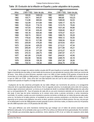 Trabajo Práctico Números Índices




  En la Tabla 20 se recogen los valores medios anuales del IPC para España en el periodo 1961-2000 con base 1961.
Según el contenido de esta tabla, el nivel medio de los precios en ese periodo de cuarenta años creció por encima de
26 veces. Esto, dicho en otros términos, equivale a que si en 1961 un bien costaba 37,95 pesetas, el precio de ese
mismo bien en el año 2000 era 1000 pesetas, o lo que es igual, con 1000 pesetas del año 2000 solo se podía comprar
lo que en 1961 con 37,95. Estas cifras dan una idea bastante clara de cual ha sido la pérdida de la capacidad de
compra de la peseta en España a lo largo de esos años.

  Cualquiera de las dos columnas principales de esa tabla reflejan ese incremento de precios y la consiguiente
reducción de la capacidad adquisitiva del dinero. Pero la segunda columna, la encabezada como valor de la peseta,
merece algún comentario adicional. La misma es el resultado de dividir la cantidad 1000 (1000 pesetas de cada año)
por su correspondiente IPC. Esas mil pesetas de cada año es una serie monetaria valorada con los precios de cada
año (ptq). A este tipo de series monetarias se le conoce como series a precios corrientes o series monetarias
nominales. En cambio, cuando una serie monetaria a precios corrientes se divide por un índice de precios adecuado,
como se t ha hecho en la tabla anterior, el resultado es una serie a precios constantes o en términos reales. A esta
operación se le conoce como deflactar una serie, es decir, quitarle a una serie el efecto precios. Por eso, una vez que
se ha deflactado la serie de 1000 pesetas anuales pasando la serie a términos reales, se observa como las mil pesetas
del año 2000 equivalen solo a 37,95 pesetas del año 1961.

  Pero para deflactar una serie monetaria nominal hay que trabajar con el índice de precios (conocido como
deflactor) adecuado. Se ha señalado antes que es el IPC el se utiliza a tal efecto de forma generalizada. Pero también
se ha indicado que presentaba algunos problemas. Como sabemos el IPC al ser un índice de Laspeyres viene dado
por:

Jonatán Das Neves                                                                                           Página 25
 