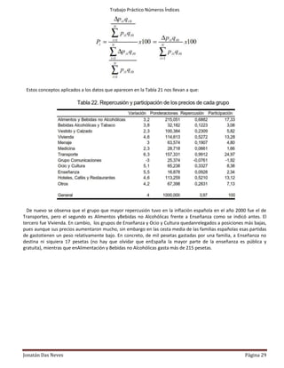 Trabajo Práctico Números Índices




 Estos conceptos aplicados a los datos que aparecen en la Tabla 21 nos llevan a que:




  De nuevo se observa que el grupo que mayor repercusión tuvo en la inflación española en el año 2000 fue el de
Transportes, pero el segundo es Alimentos yBebidas no Alcohólicas frente a Enseñanza como se indicó antes. El
tercero fue Vivienda. En cambio, los grupos de Enseñanza y Ocio y Cultura quedanrelegados a posiciones más bajas,
pues aunque sus precios aumentaron mucho, sin embargo en las cesta media de las familias españolas esas partidas
de gastotienen un peso relativamente bajo. En concreto, de mil pesetas gastadas por una familia, a Enseñanza no
destina ni siquiera 17 pesetas (no hay que olvidar que enEspaña la mayor parte de la enseñanza es pública y
gratuita), mientras que enAlimentación y Bebidas no Alcohólicas gasta más de 215 pesetas.




Jonatán Das Neves                                                                                      Página 29
 