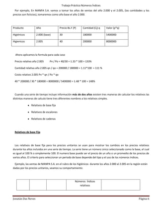Trabajo Práctico Números Índices
 Por ejemplo, En MANPA S.A. vamos a tomar los años de ventas del año 2.000 y el 2.005, (las cantidades y los
precios son ficticios), tomaremos como año base el año 2.000.



Producto            Año                   Precio Bs.F (P)   Cantidad (Cj) q    Valor (p*q)

Higiénicos          2.000 (base)          30                180000             5400000

Higienicos          2.005                 40                200000             8000000



  Ahora aplicamos la formula para cada caso

 Precio relativo año 2.005     Pn / Po = 40/30 = 1.33 * 100 = 133%

 Cantidad relativa año 2.005 qn / qo = 200000 / 180000 = 1.11*100 = 111 %

 Costo relativo 2.005 Pn * qn / Po * qo

 40 * 200000 / 30 * 180000 = 8000000 / 5400000 = 1.48 * 100 = 148%



  Cuando una serie de tiempo incluye información más de dos años existen tres maneras de calcular los relativos las
distintas maneras de calculo tiene tres diferentes nombres a los relativos simples.

               Relativos de base fija

               Relativos de escalones

               Relativos de cadenas



 Relativos de base Fija



 Los relativos de base fija para los precios unitarios se usan para mostrar los cambios en los precios relativos
durante los años incluidos en una serie de tiempo. La serie tiene un número único seleccionado como la base, el cual
es igual al 100 % o simplemente 100. El numero base puede ser el precio de un año o un promedio de los precios de
varios años. El criterio para seleccionar un periodo de base depende del tipo y el uso de los números índices.

 Ejemplo, las ventas de MANPA S.A. en el rubro de los higiénicos durante los años 2.000 al 2.005 en la región están
dadas por los precios unitarios, veamos su comportamiento:



                                                       Números Índices
                                                          relativos



Jonatán Das Neves                                                                                          Página 6
 