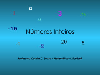 Números Inteiros Professora Camila C. Souza – Matemática – 21/03/09 1 0 -2 5 - 4 20 -3 -15 13 - 26 