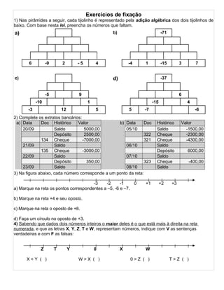 Exercícios de fixação
1) Nas pirâmides a seguir, cada tijolinho é representado pela adição algébrica dos dois tijolinhos de
baixo. Com base nesta lei, preencha os números que faltam.
a) b) -71
6 -9 2 - 5 4 -4 1 -15 3 7
c) d) -37
-5 9 6
-10 1 -15 4
-3 12 5 5 -7 -6
2) Complete os extratos bancários:
a) Data Doc Histórico Valor b) Data Doc Histórico Valor
20/09 Saldo 5000,00 05/10 Saldo -1500,00
Depósito 2500,00 322 Cheque -2300,00
134 Cheque -7000,00 321 Cheque -4300,00
21/09 Saldo 06/10 Saldo
135 Cheque -3000,00 Depósito 6000,00
22/09 Saldo 07/10 Saldo
Depósito 350,00 323 Cheque -400,00
23/09 Saldo 08/10 Saldo
3) Na figura abaixo, cada número corresponde a um ponto da reta:
-3 -2 -1 0 +1 +2 +3
a) Marque na reta os pontos correspondentes a –5, -6 e –7.
b) Marque na reta +4 e seu oposto.
c) Marque na reta o oposto de +8.
d) Faça um círculo no oposto de +3.
4) Sabendo que dados dois números inteiros o maior deles é o que está mais à direita na reta
numerada, e que as letras X, Y, Z, T e W, representam números, indique com V as sentenças
verdadeiras e com F as falsas:
Z T Y 0 X W
X < Y ( ) W > X ( ) 0 > Z ( ) T > Z ( )
 
