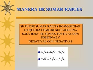 MANERA DE SUMAR RAICESMANERA DE SUMAR RAICES
SE PUEDE SUMAR RAICES HOMOGENIAS
LO QUE DA COMO RESULTADO UNA
SOLA RAIZ SE SUMAN POSTIVAS CON
POSITIVAS Y
NEGATIVAS CON NEGATIVAS
 
