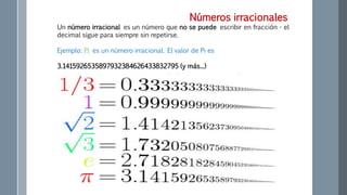 Números irracionales
Un número irracional es un número que no se puede escribir en fracción - el
decimal sigue para siempre sin repetirse.
Ejemplo: Pi es un número irracional. El valor de Pi es
3.1415926535897932384626433832795 (y más...)
 