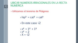 UBICAR NUMEROS IRRACIONALES EN LA RECTA
NUMERICA
› Utilizamos el teorema de Pitágoras
› hip² = cat² + cat²
› En este caso √2
› x² = 1² + 1²
› x² = 2
› X = √2
 