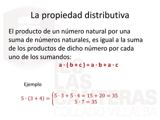 La propiedad distributiva
El producto de un número natural por una
suma de números naturales, es igual a la suma
de los productos de dicho número por cada
uno de los sumandos:
a · ( b + c ) = a · b + a · c
5 · 3 + 4 =
5 · 3 + 5 · 4 = 15 + 20 = 35
5 · 7 = 35
Ejemplo
 