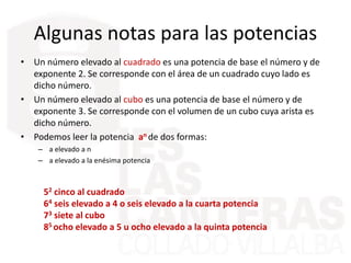 Algunas notas para las potencias
• Un número elevado al cuadrado es una potencia de base el número y de
exponente 2. Se corresponde con el área de un cuadrado cuyo lado es
dicho número.
• Un número elevado al cubo es una potencia de base el número y de
exponente 3. Se corresponde con el volumen de un cubo cuya arista es
dicho número.
• Podemos leer la potencia an de dos formas:
– a elevado a n
– a elevado a la enésima potencia
52 cinco al cuadrado
64 seis elevado a 4 o seis elevado a la cuarta potencia
73 siete al cubo
85 ocho elevado a 5 u ocho elevado a la quinta potencia
 