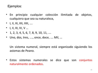 • En principio cualquier colección ilimitada de objetos,
cualquiera que sea su naturaleza,
• I, II, III, IIII, IIIII, ….
• I, II, III, IV, V …
• 1, 2, 3, 4, 5, 6, 7, 8, 9, 10, 11, ….
• Uno, dos, tres, …., once, doce, …. Mil, …
Un sistema numeral, siempre está organizado siguiendo los
axiomas de Peano.
• Estos sistemas numerales se dice que son conjuntos
naturalmente ordenados.
16
Ejemplos:
 