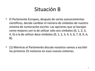 Situación B
• El Parlamento Europeo, después de varios asesoramientos
científicos, decide cambiar el número de símbolos de nuestro
sistema de numeración escrito. Las opciones que se barajan
como mejores son la de utilizar sólo seis símbolos (0, 1, 2, 3,
4, 5) o la de utilizar doce símbolos (0, 1, 2, 3, 4, 5, 6, 7, 8, 9, A,
B).
• (1) Mientras el Parlamento discute nosotros vamos a escribir
los primeros 25 números en esos nuevos sistemas.
23
 