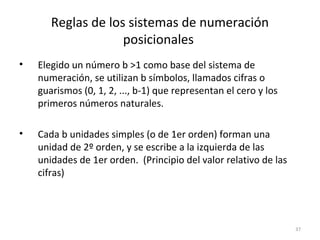 Reglas de los sistemas de numeración
posicionales
• Elegido un número b >1 como base del sistema de
numeración, se utilizan b símbolos, llamados cifras o
guarismos (0, 1, 2, ..., b-1) que representan el cero y los
primeros números naturales.
• Cada b unidades simples (o de 1er orden) forman una
unidad de 2º orden, y se escribe a la izquierda de las
unidades de 1er orden. (Principio del valor relativo de las
cifras)
37
 
