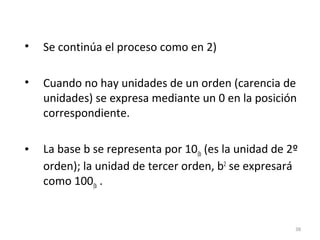 • Se continúa el proceso como en 2)
• Cuando no hay unidades de un orden (carencia de
unidades) se expresa mediante un 0 en la posición
correspondiente.
• La base b se representa por 10(b (es la unidad de 2º
orden); la unidad de tercer orden, b2
se expresará
como 100(b .
38
 