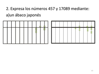 2. Expresa los números 457 y 17089 mediante:
a)un ábaco japonés
47
 
