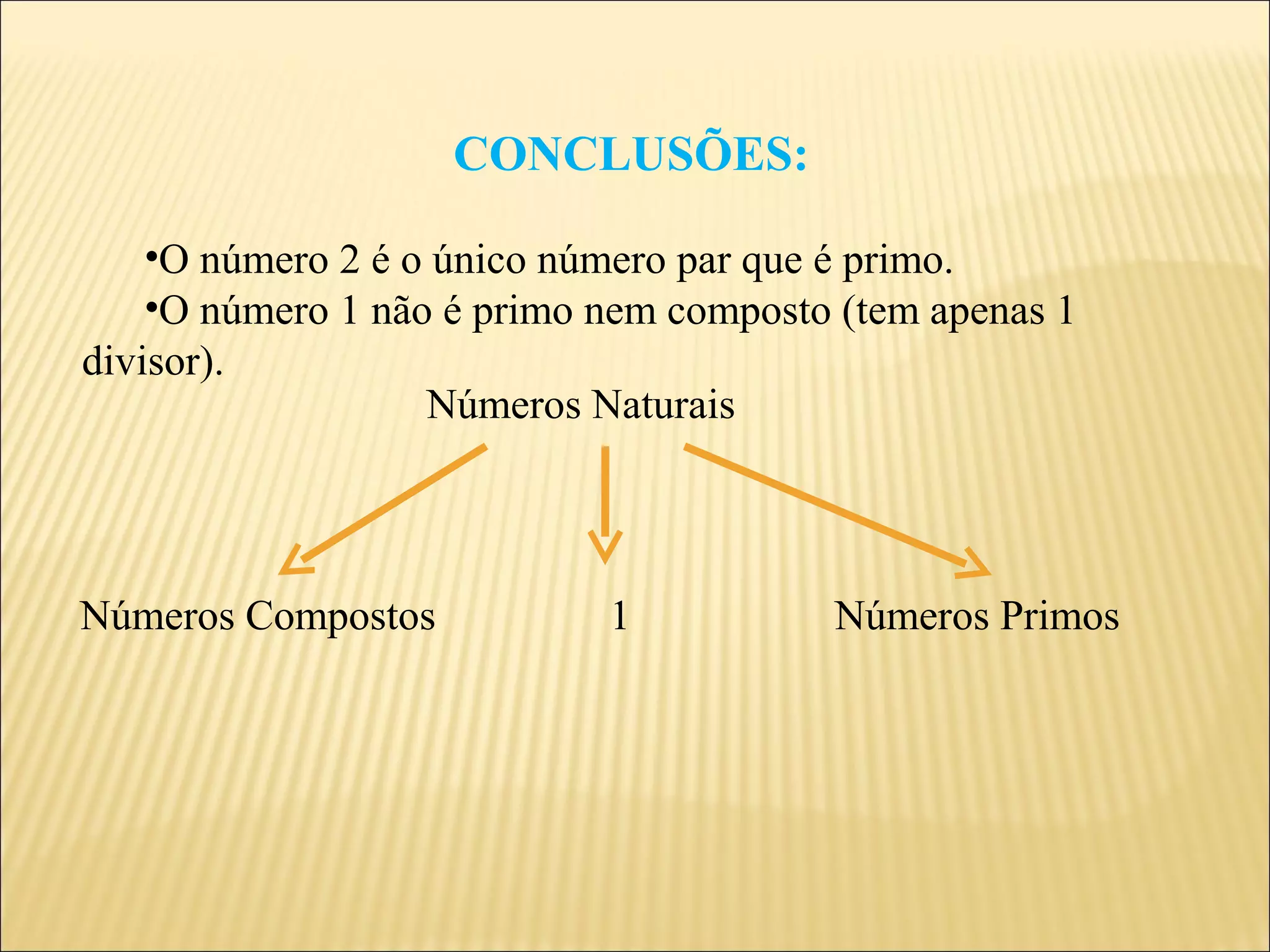 CONCLUSÕES:

    •O número 2 é o único número par que é primo.
    •O número 1 não é primo nem composto (tem apenas 1
divisor).
                   Números Naturais



Números Compostos           1           Números Primos
 