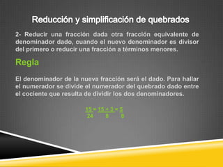 2- Reducir una fracción dada otra fracción equivalente de
denominador dado, cuando el nuevo denominador es divisor
del primero o reducir una fracción a términos menores.

Regla
El denominador de la nueva fracción será el dado. Para hallar
el numerador se divide el numerador del quebrado dado entre
el cociente que resulta de dividir los dos denominadores.

                       15 = 15 ÷ 3 = 5
                        24     8     8
 