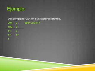 Descomponer 204 en sus factores primos.
204   2     204= 2x3x17
102   2
51    3
17    17
1
 